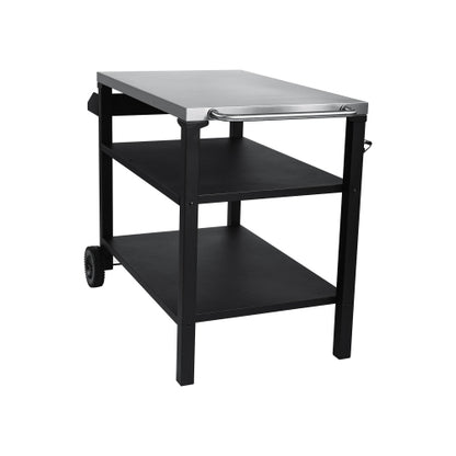 3-Tier Outdoor Grill Cart with Stainless Steel Top & Side Shelf, Movable BBQ Prep Table with Wheels, Rolling Serving Bar Cart for Patio, Backyard, Pizza Oven Stand, Black