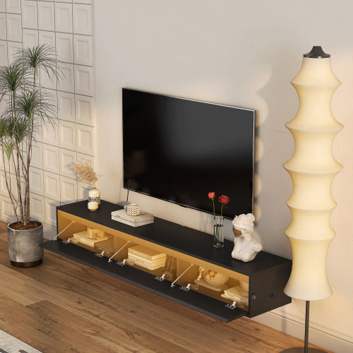 Black Wall Mount High Gloss Floating TV Cabinet with Touch LED Strip & Power Outlet