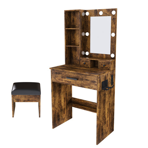 Vintage Compact LED Vanity Table Set, Power Outlet, Hairdryer Holder & Upholstered Stool