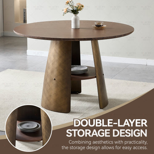 Retro Round Dining Table with Storage Layer, Walnut