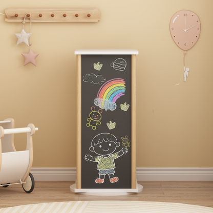 White & Natural 3-Tier 360¡ã Rotating Kids Bookshelf with Chalkboard, Toddler Toy Storage Rack 15.75¡Á15.75¡Á34.84 Inch