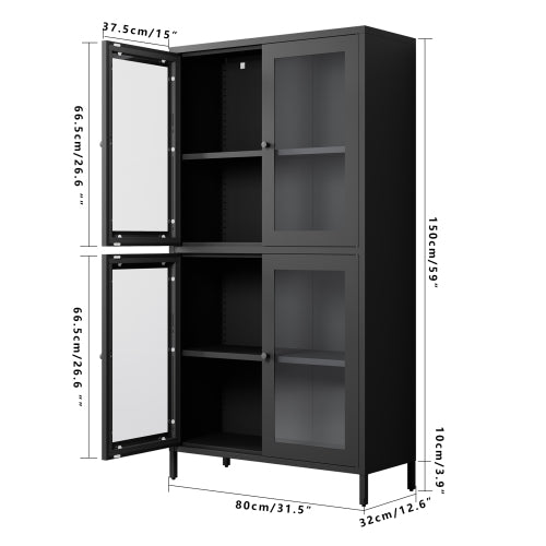 Black Classic 4-Glass-Door Metal Storage Cabinet Adjustable Shelf Home Office Display Cabinet