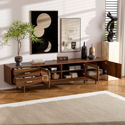 78 inch Modern TV Stand for TVs Up to 85 inch, Fluted Glass Doors Media Console with Drawers