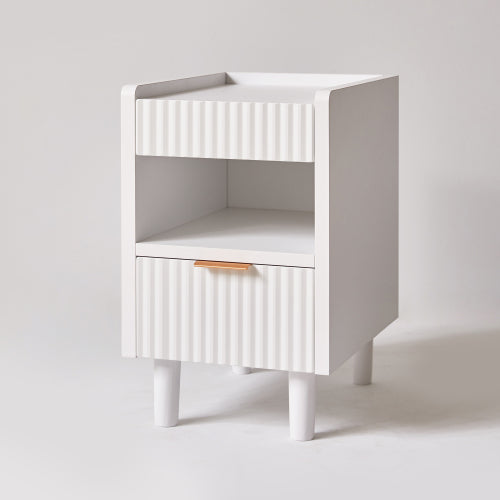 2 Pack White Fluted Nightstand, Integrated Base Bedside Table with Drawer & Open Cubby