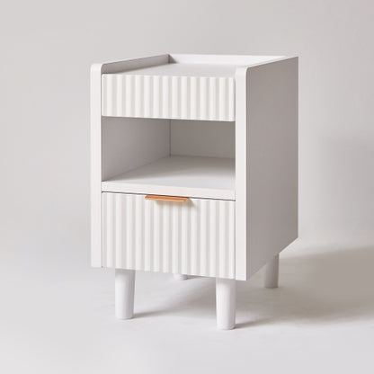 2 Pack White Fluted Nightstand, Integrated Base Bedside Table with Drawer & Open Cubby