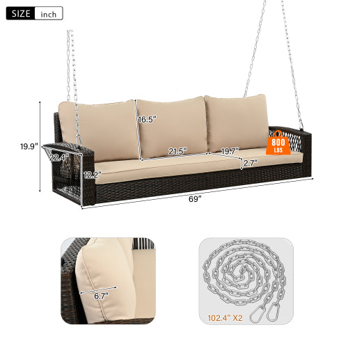 GO 69" PE Wicker 3-Person Porch Swing with Chains, Large Patio Swing Bench with Cushions for Backyard