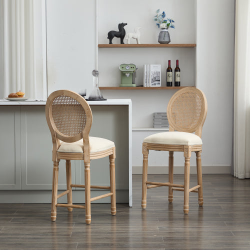 Solid Wood Bar stools Set of 2 Classic French Country Wooden Barstools with Upholstered Seating  Kitchen Bar Stool for Bar Counter Rattan - Beige