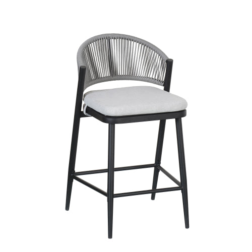 Outdoor 26" Seat Height Metal Frame Counter Stools with PE Rattan Scallop-shaped Backrest, Set of 2, Matte Black