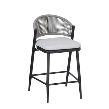 Outdoor 26" Seat Height Metal Frame Counter Stools with PE Rattan Scallop-shaped Backrest, Set of 2, Matte Black