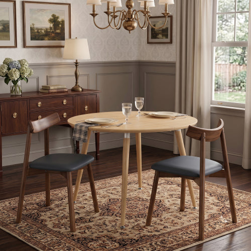 Pull up dining table and chair combination, wood color medium density fiberboard tabletop with black metal table legs