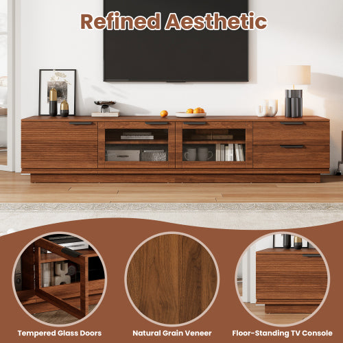 78.74 inch Walnut Fluted Glass Door Legless TV Stand 2 Drawer Media Console Supports Up To 85 inch TV