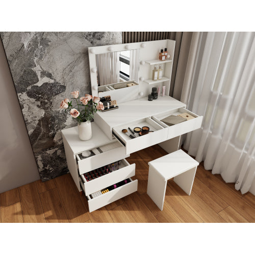 LED Lighted Makeup Vanity Table with Mirror - White Beauty Station with Storage Drawers, Matching Stool, and Organizing Compartments for Makeup Brushes and Cosmetics