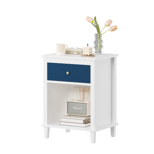 26.77''H Wooden Nightstand with One Drawer One Shelf for Kids, Adults, Navy+Golden handle