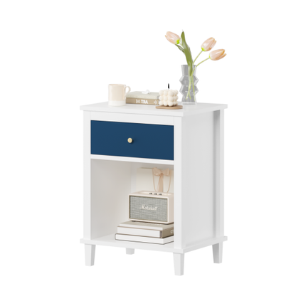 26.77''H Wooden Nightstand with One Drawer One Shelf for Kids, Adults, Navy+Golden handle