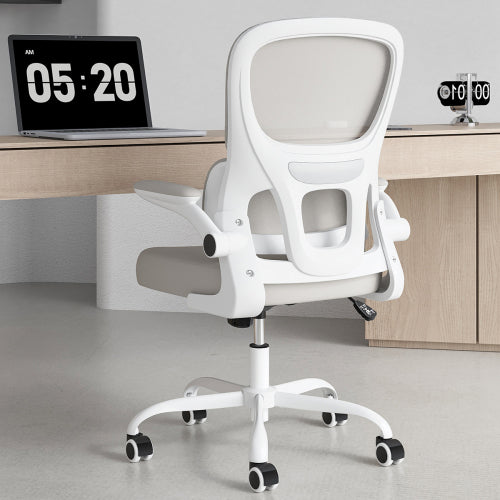 Office Chair, Mesh Ergonomic Office Chair with Lumbar Support, Comfy Computer Desk Chair with Flip Armrest Rolling Wheels for Home Study Room Office, White & Khaki