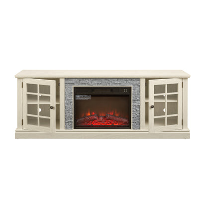 70 Inch TV Stand with 23 Inch Electric Fireplace Faux Stone White Console