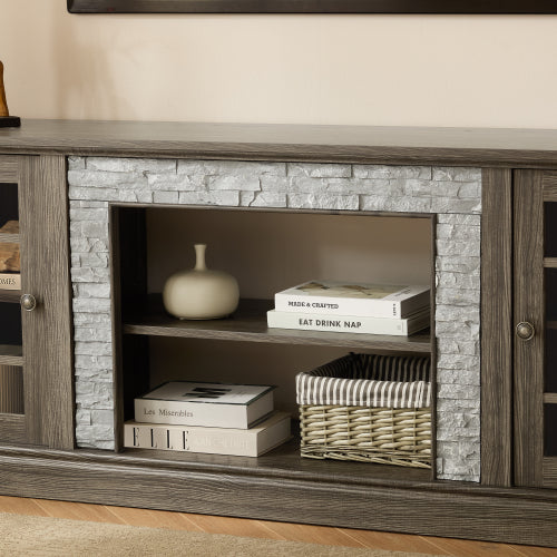 70 Inch Grey Faux Stone TV Stand 2-Door Media Console 6 Cable Holes Adjustable Shelves for TVs Up To 75 Inch
