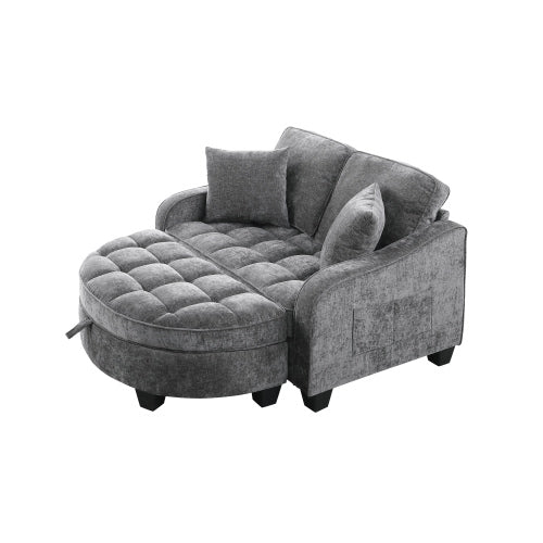 Gray 2-Seater Sofa with Irregular Arms, Storage Footrest & 2 Throw Pillows