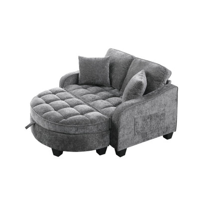 Gray 2-Seater Sofa with Irregular Arms, Storage Footrest & 2 Throw Pillows