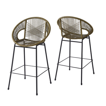 Ferrara Outdoor Patio Green Faux Wicker Barstool, Set of 2