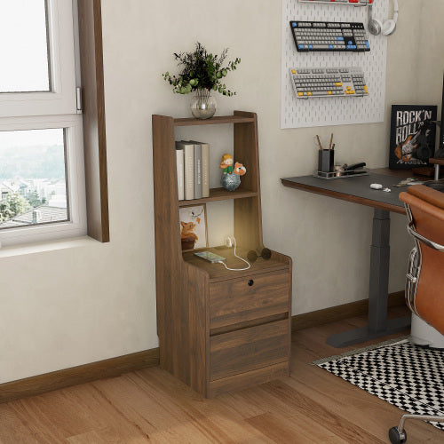 Nightstand with Charging Station, Smart Nightstand with Night Light, Modern Night Stand with Bookshelf, Bedside Tables with Storage Cabinet for Bedroom, Wood