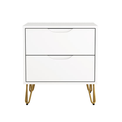 White Modern Nightstand, 2 Drawers & Metal Legs