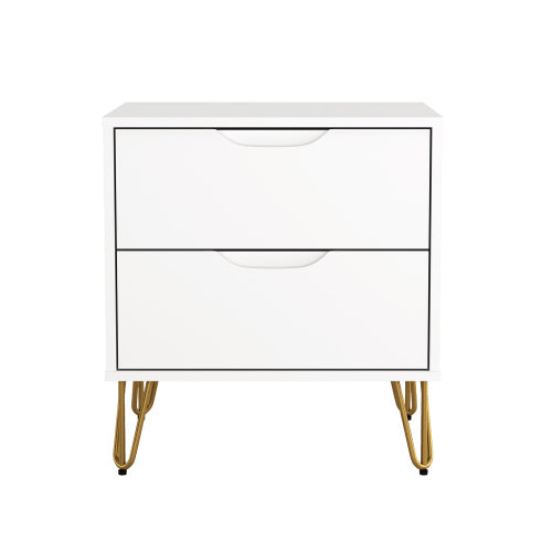 White Modern Nightstand, 2 Drawers & Metal Legs