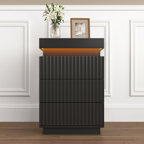 2 Pack Black Nightstand, Sliding Top Charging Station & RGB LED Fluted Drawers