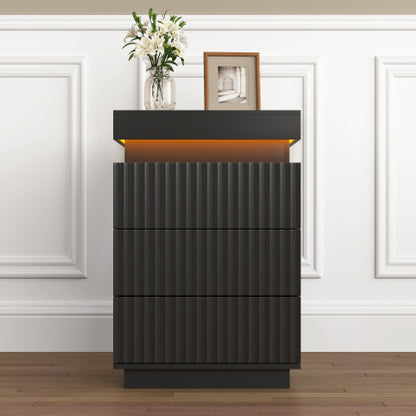 2 Pack Black Nightstand, Sliding Top Charging Station & RGB LED Fluted Drawers