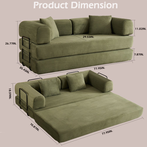 Green Corduroy Convertible Sleeper Sofa Bed with Cylindrical Pillow