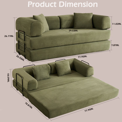 Green Corduroy Convertible Sleeper Sofa Bed with Cylindrical Pillow
