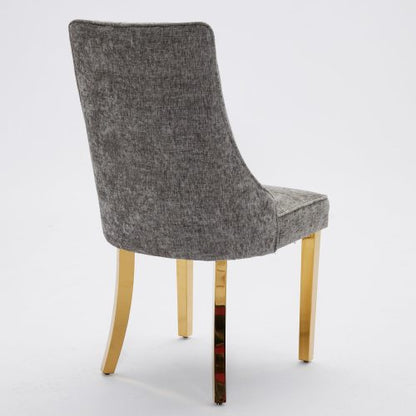 Set of 2 Gray Rayon Flocking Chenille Dining Chairs, High Back, Triple Elastic Cushion, Golden Plated Stainless Steel Legs