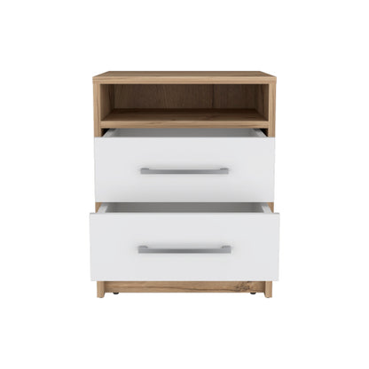 White & Light Oak 2-Drawer Nightstand with Open Shelf