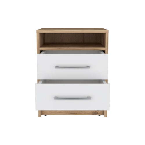 White & Light Oak 2-Drawer Nightstand with Open Shelf