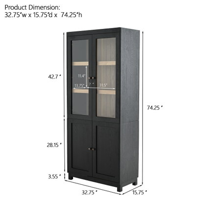 74.5''H Ash Wood Grain Mid-Century Glass Door Display Cabinet Adjustable Shelf Home Storage Cabinet