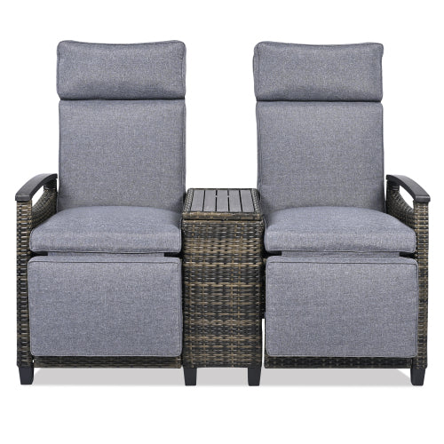 GO Patio Recliner Loveseat Chair, Adjustable Backrest Wicker Outdoor Lounge Chair Set with Acacia Wood Armrests and Built-in Storage Table for Balcony, Porch, Lawn, Gray