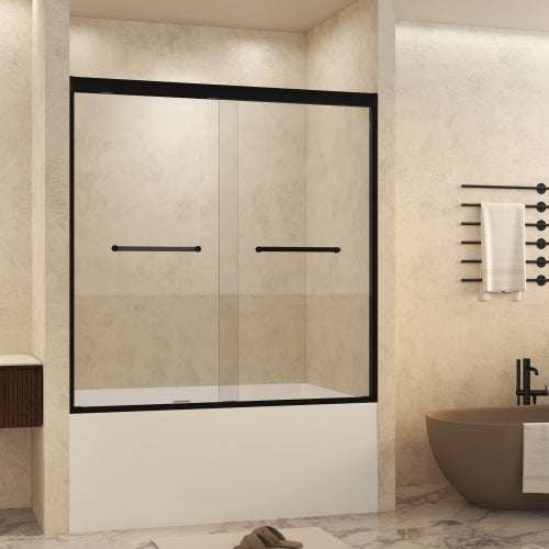 56-60" W × 60" H Tempered Glass with Explosion Proof Film, Aluminum Frame Double Sliding Shower Door, "1/4 (6 mm), Stainless Steel handle, Matte Black