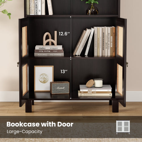 Walnut Tall 5-Tier Bookshelf With Rattan Closed Doors Large-Capacity Wooden Home Library Storage Bookcase