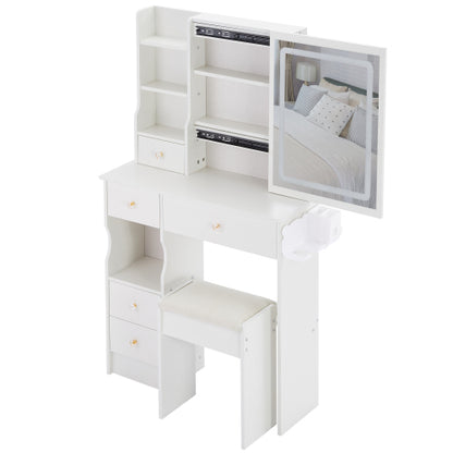 29.2" Small Size Drawer Desktop Vanity Table + Cushioned Stool, 2 AC+2 USB Power Station, Hair dryer bracket, Extra Large Touch Control Sliding LED Mirror, 3-color Switching, EPA, GCC, UL Certificate