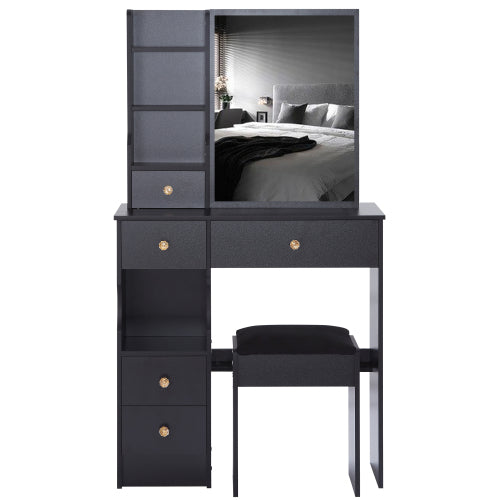 White 29.2 inch  Small Space Left Drawer Desktop Vanity Table + Cushioned Stool, Extra Large Right Sliding Mirror