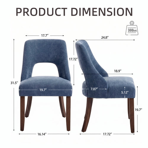 Set of 2 Navy Tufted Chenille Dining Chairs, Curved Rubberwood Legs 300lbs Capacity Space Saving Compact Design