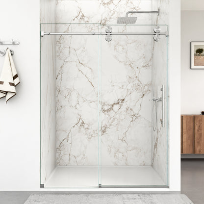 56"-60"W x 72"H Frameless Single Sliding Shower Door – 5/16" (8mm) Clear Tempered Glass, Bypass Design with Brushed Nickel Finish