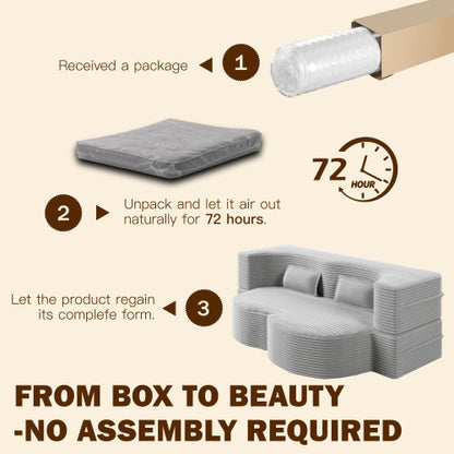 Light-Grey Twin-Size Corduroy Convertible Floor Sofa-Bed,2 Pillows