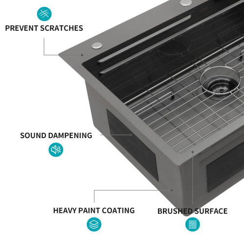 Gunmetal Black Drop in Waterfall Kitchen Sink - 33*22*10 inch Single Bowl 16 Gauge Stainless Steel Ledge Workstation Kitchen Sinks with Pull-Down Faucet & Cup Washer