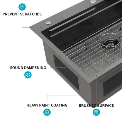 Gunmetal Black Drop in Waterfall Kitchen Sink - 33*22*10 inch Single Bowl 16 Gauge Stainless Steel Ledge Workstation Kitchen Sinks with Pull-Down Faucet & Cup Washer