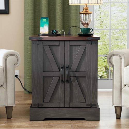 Farmhouse End Table with Charging Station, Rustic Nightstand with Barn Doors and Adjustable Shelf, Walnut Top Grey Cabinet