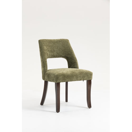 Set of 2 Green Tufted Chenille Dining Chairs, Curved Rubberwood Legs 300lbs Capacity Space Saving Design