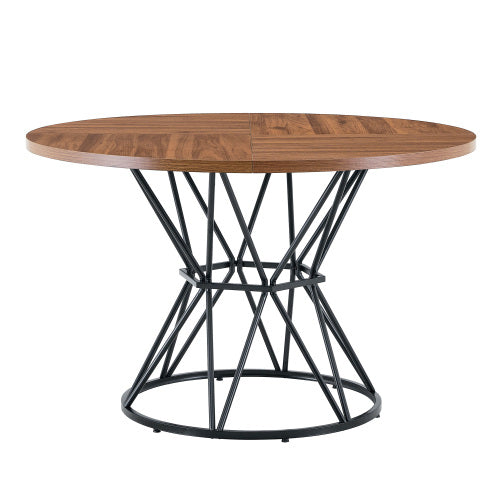 47.3 Inch Walnut Wood Grain Round Dining Table with Hourglass Metal Bracket for 4-6 People