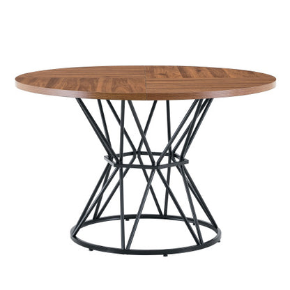 47.3 Inch Walnut Wood Grain Round Dining Table with Hourglass Metal Bracket for 4-6 People