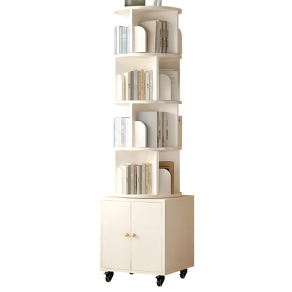 White 5-Tier Rotating Bookshelf with Double Door Drawer, Slim Wooden Corner Storage Cabinet for Home